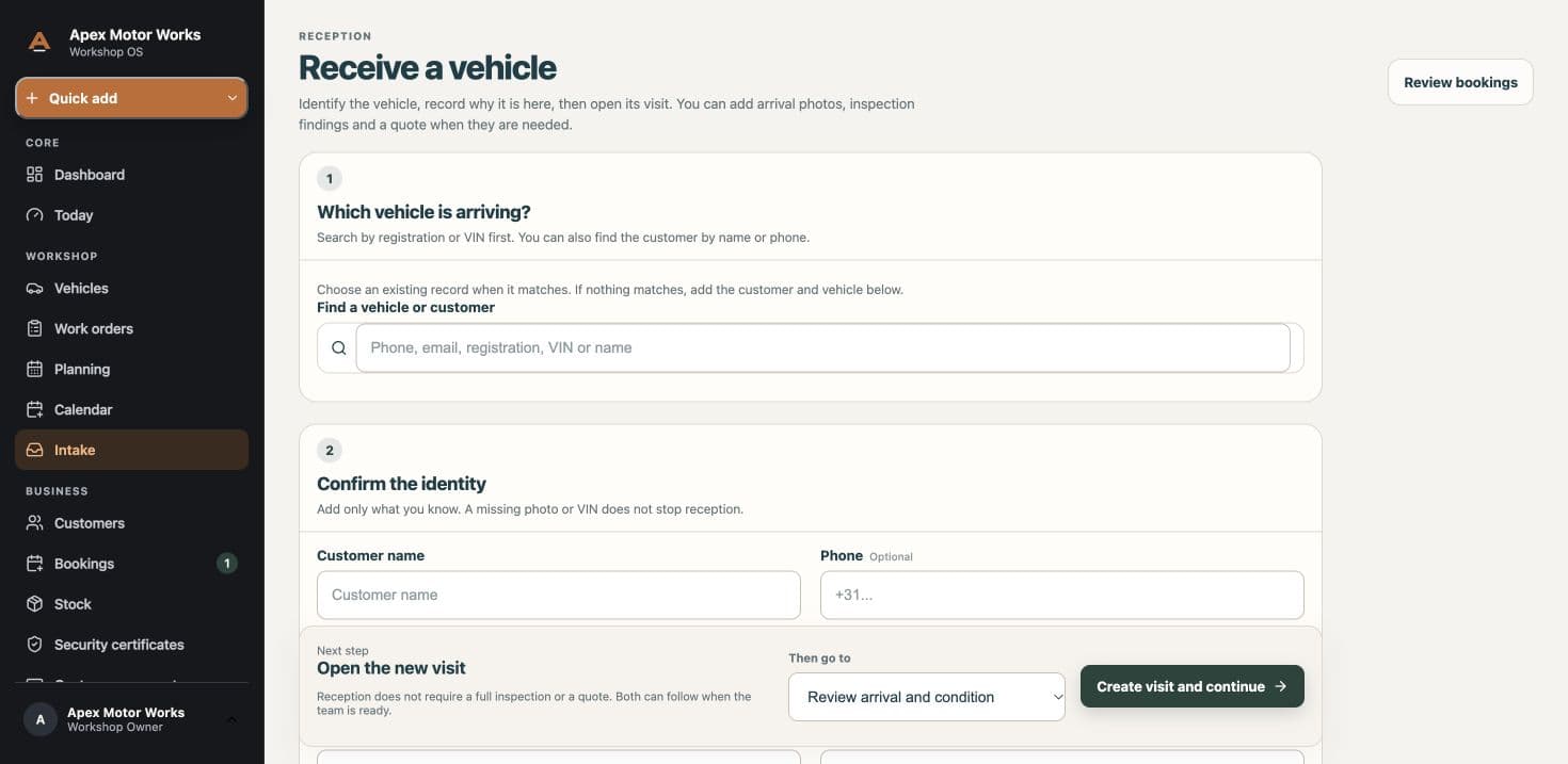 Record why the vehicle is here.