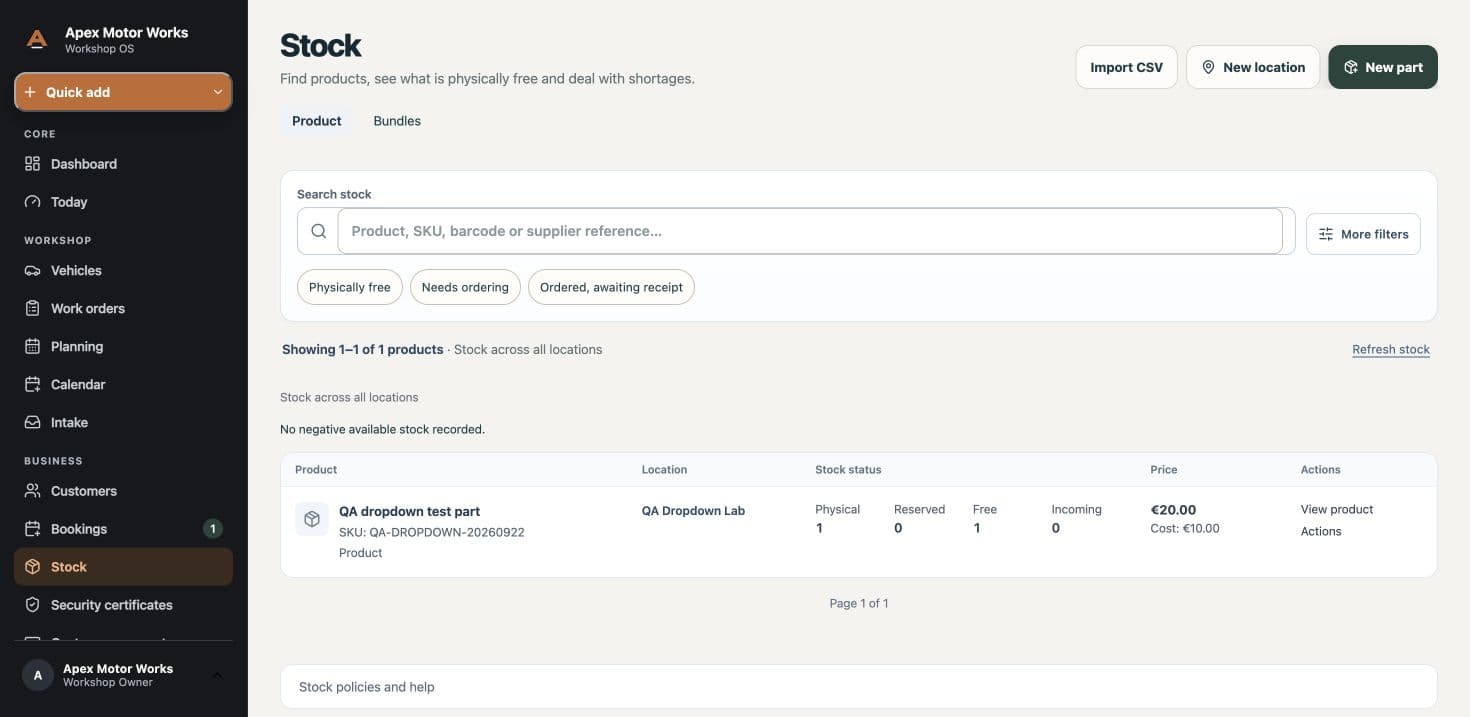 Parts & stock — Example workspace with fictional demo data
