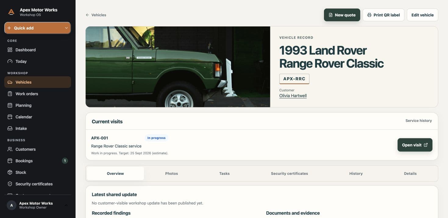 Open the vehicle record and visit history.