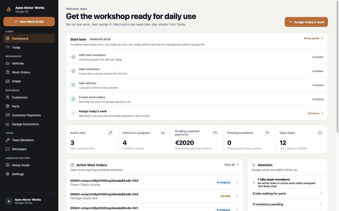Workshop OS owner dashboard showing setup, workload, payments and active jobs