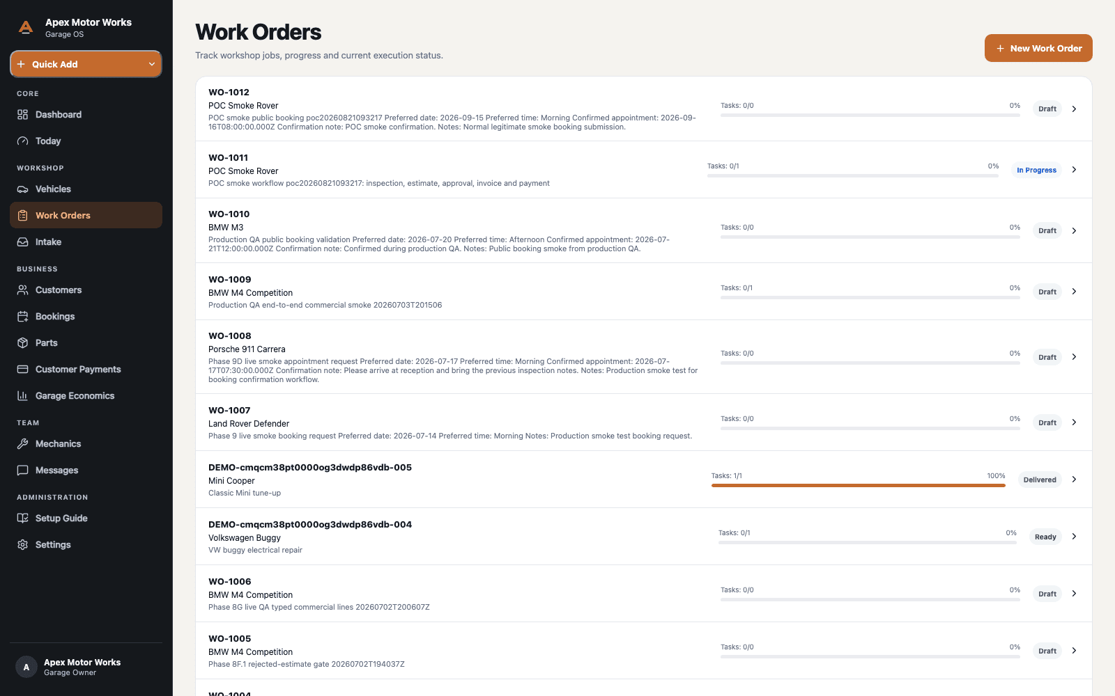 Workshop OS work order showing customer-facing approvals and job details