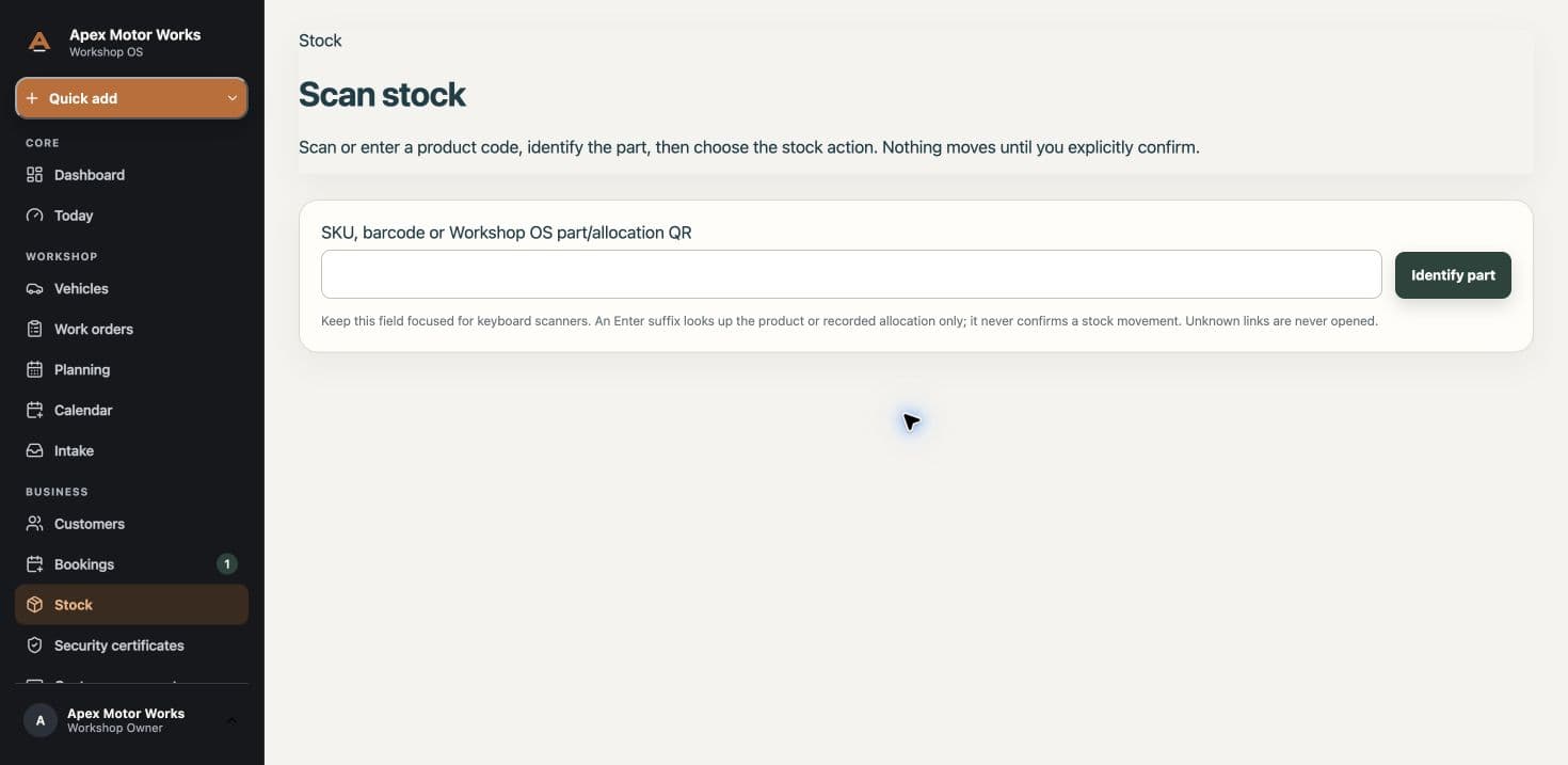 Part identification, before choosing a stock action